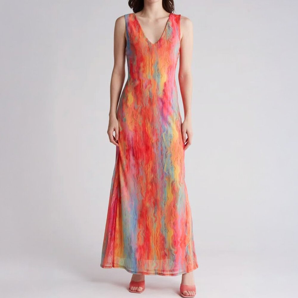 AFRM Los Angeles Abstract Watercolor Maxi Dress | Size M | Multicolor V-Neck